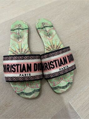Dior Pink & Mint Green Embroidered Slide Sandals